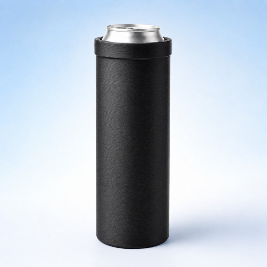 Spiral Reload Cup — matte black 3D printed dual-can holder with a standard can seated inside