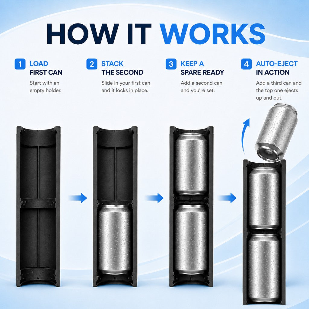 How it works — load the first can, stack the second, keep a spare ready and auto-eject in action
